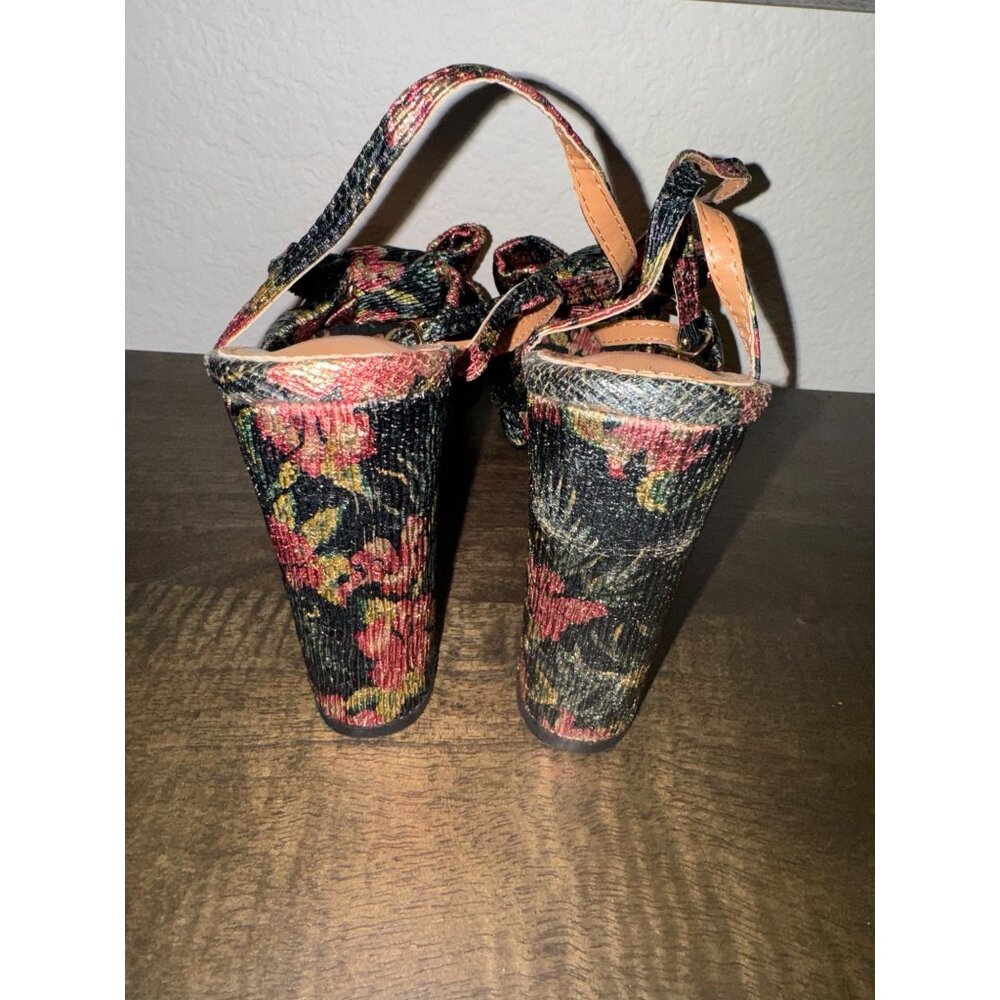 NEW! Lulus Lilso Black Floral Metallic Bow Platform Ankle Strap Block Heels -8.5 - Picture 5 of 7
